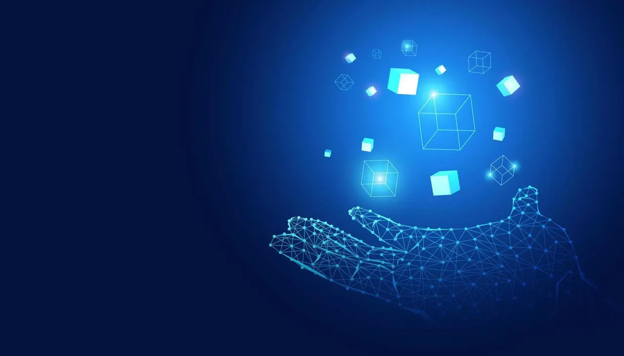 Illustration of glowing digital cubes floating above an outstretched wireframe hand